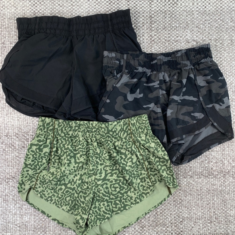 Athleta Mesh Racer Run Hustle Shorts Womens XXS 3 Pack Black Camo Green Print